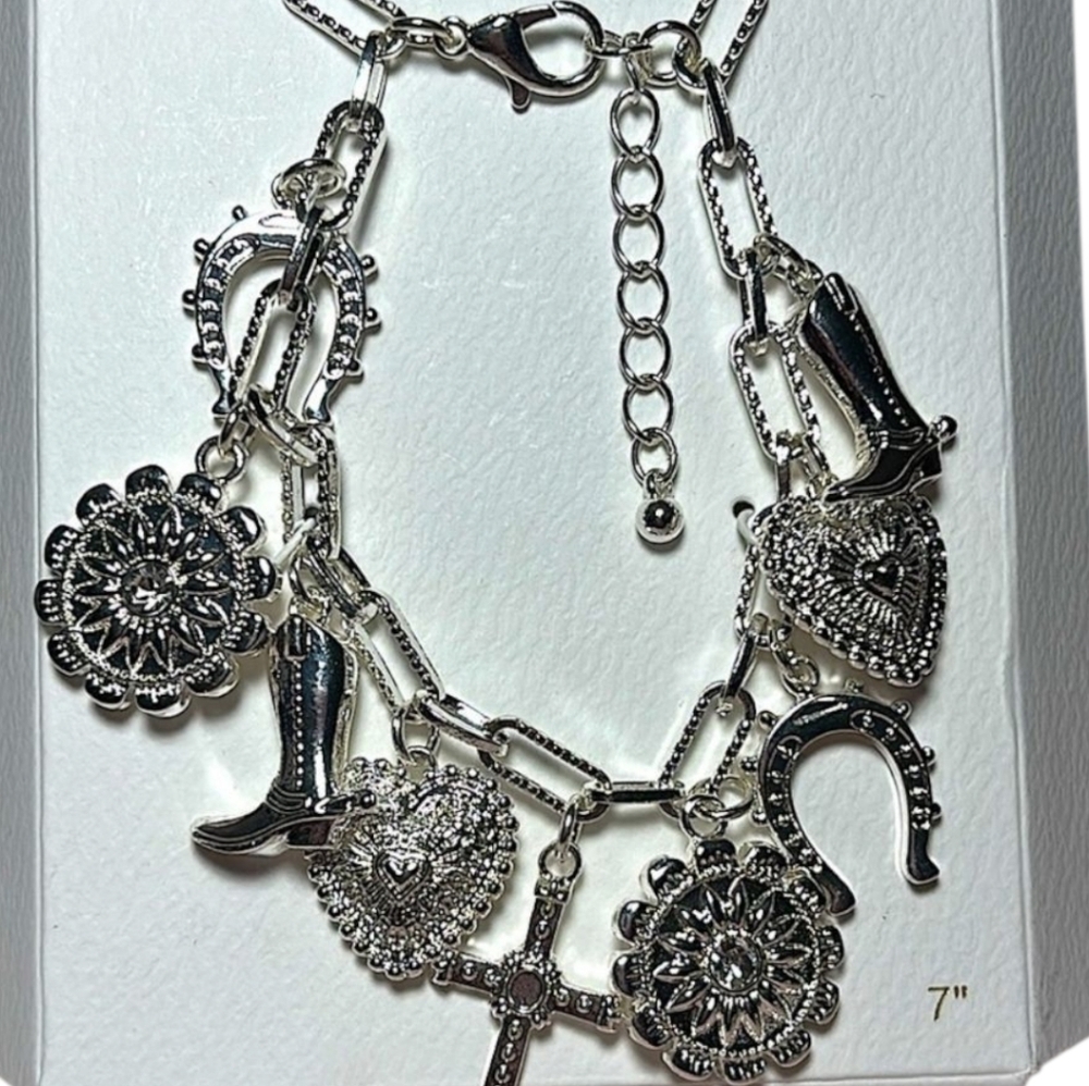 🩶🔹️ Persimmon🔹 Silver Tone Charm 7"  Rodeo Cowgirl Horshshoe Bracelet